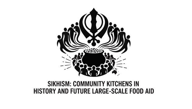 Sikhism community kitchen and Langar concept. Black silhouette vector illustration with Khanda symbol and food aid pot. Humanitarian service and global charity graphic isolated