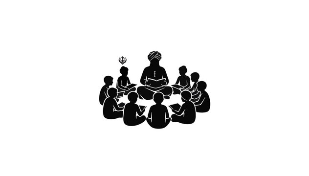 Sikhism early education and community learning circle. Black silhouette vector illustration. Teacher and students with books isolated on transparent background