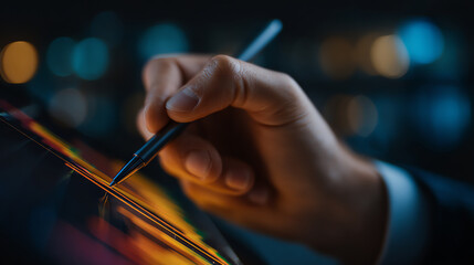 Close-up of a hand holding a pen, poised to write or draw on a reflective digital screen with colorful light reflections in a low-light environment