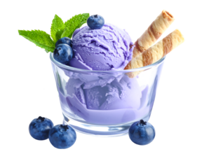Ice cream with fresh blueberries, mint and wafer stick in glass on transparent png