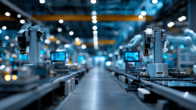 Automated robotic arms operate on a high-tech assembly line in a modern industrial factory with blue lighting and digital monitors in the background