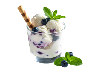 Ice cream with fresh blueberries, mint and wafer stick in glass on transparent png
