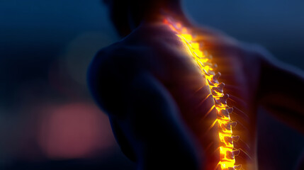 Glowing human spine illustration highlighting vertebrae and spinal column in a dark, blurred background, symbolizing anatomy, health, and medical science