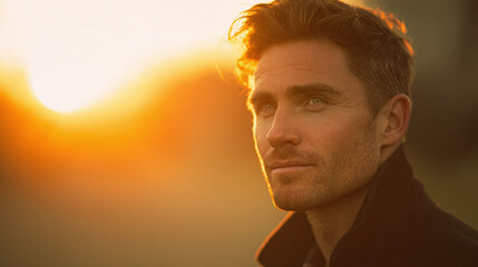 A portrait of a contemplative man illuminated by the warm sunlight