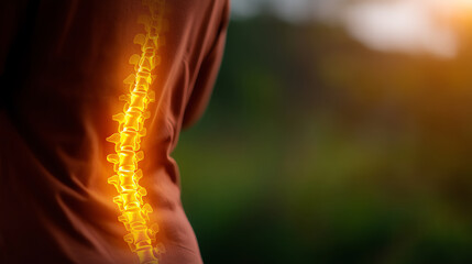 Person in orange shirt with glowing spine illustration showing spinal column and vertebrae, highlighting back anatomy and potential pain or health issues