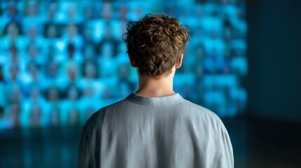 A person with curly hair wearing a light shirt stands facing a large screen displaying numerous blurred faces in a virtual meeting or digital conference setting