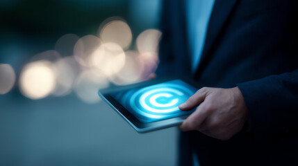 Businessman holding a tablet displaying a glowing target symbol, representing digital marketing, strategy, focus, and business growth in a blurred urban background