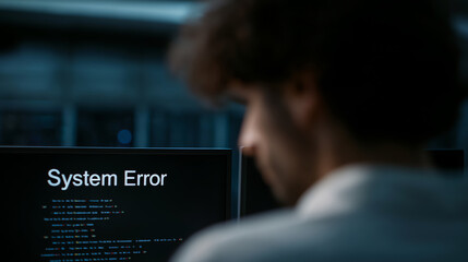 A person faces a computer screen displaying a "System Error" message, indicating a technical issue or software failure in a dimly lit environment