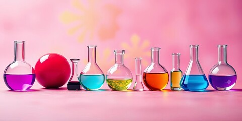 Colorful chemistry icons arranged on a banner, vibrant background, molecule, flask