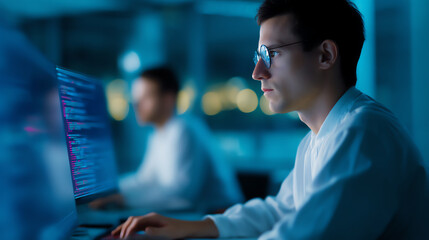 Young man wearing glasses intently working on coding at a computer in a dimly lit office environment with another blurred person in the background