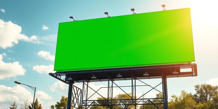 Bright, clear green billboard against a sunny sky, sign, blank