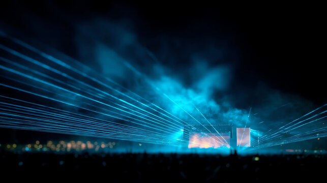 Nighttime concert with blue laser beams piercing through fog above a large crowd, illuminating the stage and creating a futuristic atmosphere