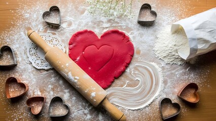 Preparing sweet heart-shaped cookies with flour and baking tools for a loving occasion