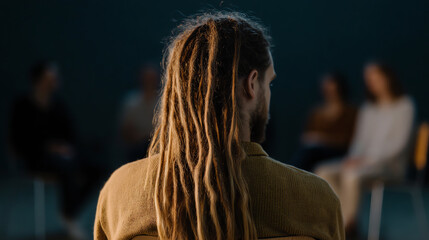 A man with long dreadlocks and a brown sweater sits facing a group of blurred people, suggesting a group discussion or therapy session in a dimly lit room