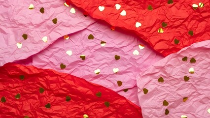 Abstract background of crumpled pink and red paper adorned with golden heart confetti for love celebrations