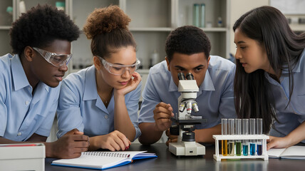 Obraz premium Diverse Students Conducting Science Experiment in High School Laboratory
