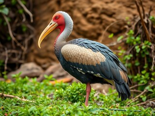 Obraz premium A dodo bird in profile, showcasing its distinctive plump body, short legs, and powerful hooked beak, set against an ancient, overgrown landscape, endemic bird, unique beak