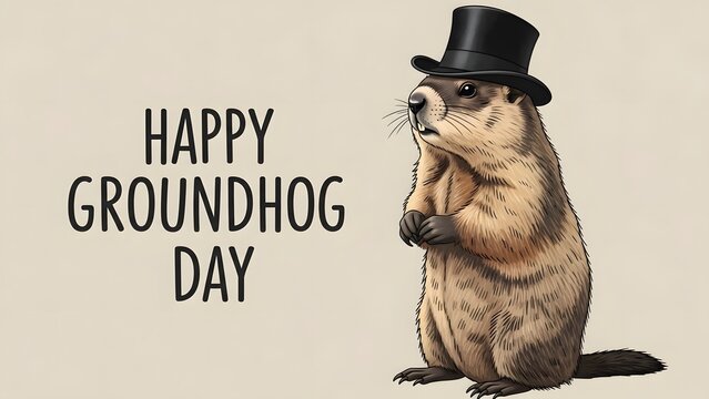 Groundhog day celebration with furry weather predictor in top hat