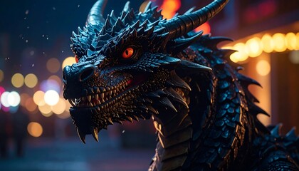 A close-up portrait of a fantastical, dark-scaled beast with glowing red eyes, set against a blurred city backdrop at night