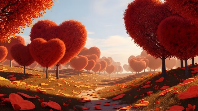 A heartwarming path through a magical forest of red heart-shaped trees - Powered by Adobe
