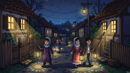 Obraz premium A warm and colorful cartoon illustration of happy children carrying various lanterns and playing drums in a village street under the moonlight to celebrate Eid.