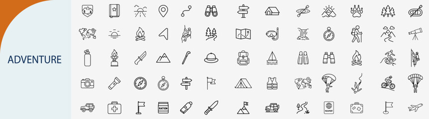 Adventure and outdoor camping line icons set for travel, exploration, mountain hike. © rayzign