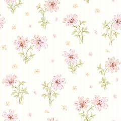 Cute floral pattern in small design. Small flowers on light stripe background. Ditsy floral seamless pattern. Pretty small print. Daisy flower surface design. for fashion, wallpaper, textile, print