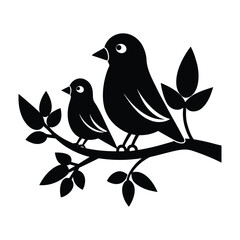 Bird Family on Branch Silhouette Vector