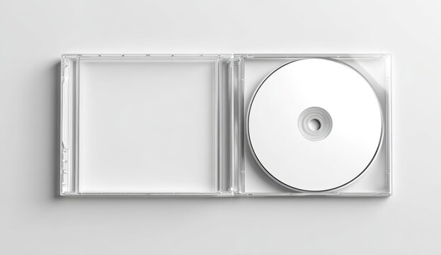 Empty transparent plastic cd case with white blank disc inside on a white background for mockup design