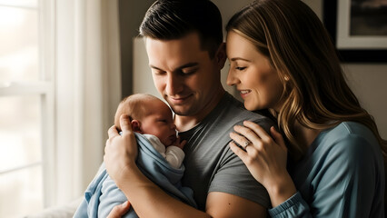 Parents cradling their newborn child in a loving embrace