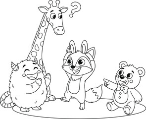 Obraz premium Animal Friends Coloring Page - Cute Giraffe, Fox, Bear, and Monster for Kids Activity