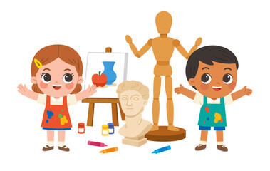  Happy Kids in Art Class Drawing and Painting with Art Supplies. Children Painting and Drawing in Art Class. Kids Art Creativity,  Education Concept.
