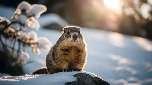 Groundhog in winter snow furry groundhog day predictor