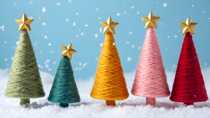 Colorful Christmas trees in snowy landscape with blue sky