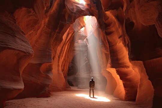 Sunlight streams into a sandstone canyon, illuminating a person below