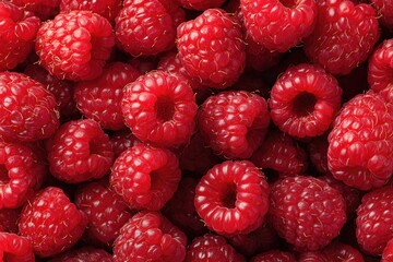 Overhead close-up shot of a pile of freshly picked, vibrant red, juicy raspberries
