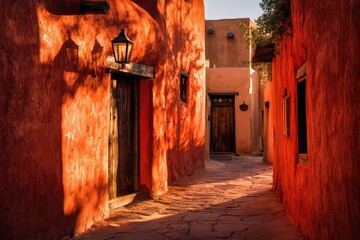 Adobe alley, bathed in sunset glow, with textured walls and wooden doorways