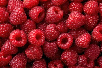 Overhead, close-up view of a pile of bright red, ripe, and textured raspberries