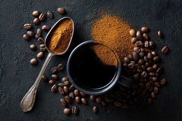 Overhead view coffee cup with surrounding beans, powder and a spoon on black surface