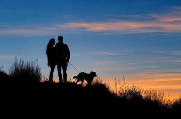 Couple with dog silhouetted against a vibrant sunset sky on a grassy knoll