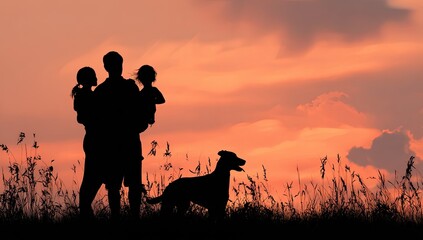 Silhouette of a father carrying children with a dog at sunset in tall grass