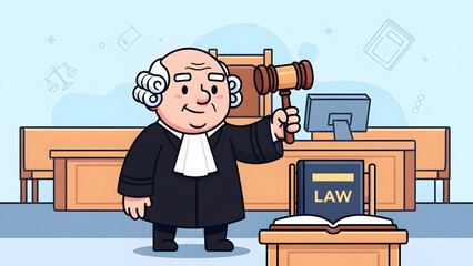 Cartoon law official with a gavel in a courtroom