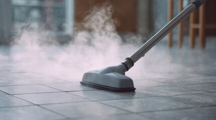 Steam cleaner is sanitizing a tiled floor, producing visible steam in a professional cleaning environment. The process focuses on hygiene and cleanliness during a thorough clean