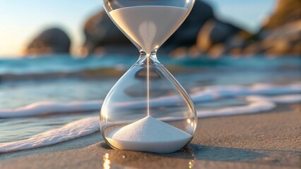 An Hourglass Measuring Precious Moments on a Peaceful Sandy Beach