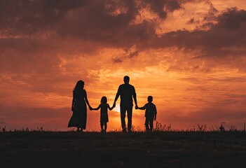 Silhouette of a family holding hands, against a vibrant sunset sky