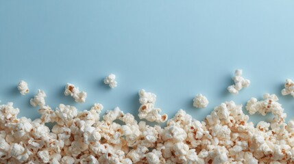 Fototapeta premium Popcorn lays in a border along the bottom edge of a bright blue background. The space above is empty and suitable for text or design elements. Studio lighting enhances the scene
