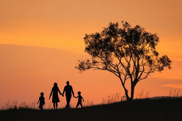 Silhouette of a family walking hand-in-hand towards a tree at sunset