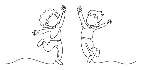 Fototapeta premium Continuous line drawing of two happy children jumping in a playful and joyful pose Vector, illustration