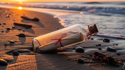 A message in a bottle washed ashore on a golden beach during a beautiful sunset