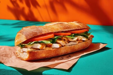 A delicious sub sandwich with chicken, tomato, and lettuce on a textured background